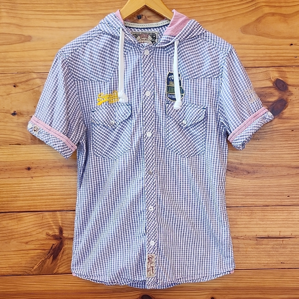 Tokyo Laundry Hooded Plaid top Patch Logo Short Sleeve Button Down Streetwear M